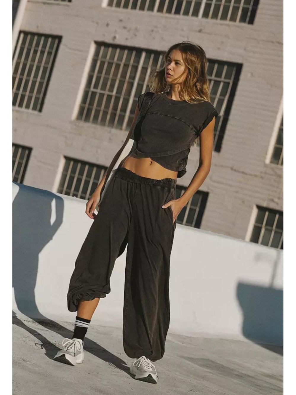 Free People Hot Shot Crossover Top and Pants Set Sz large black grey